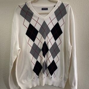 V-Neck Argyle Sweater White 100%cotton XL preppy classic grandpa